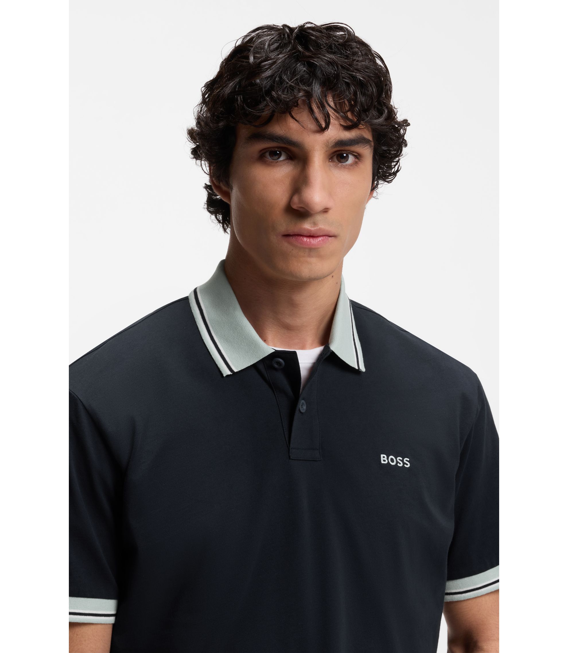 BOSS - Cotton-jersey polo shirt with stripe trims - Dark Blue