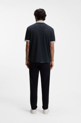 Polo en jersey de coton avec d&eacute;tails ray&eacute;s, Bleu fonc&eacute;
