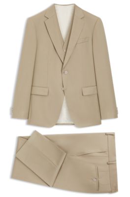 Three-piece slim-fit suit in virgin-wool serge, Light Beige