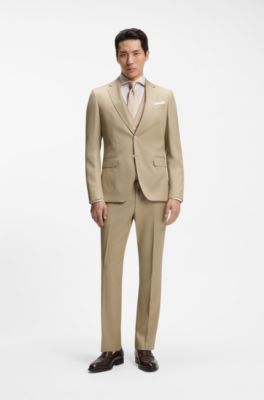 Three-piece slim-fit suit in virgin-wool serge, Light Beige