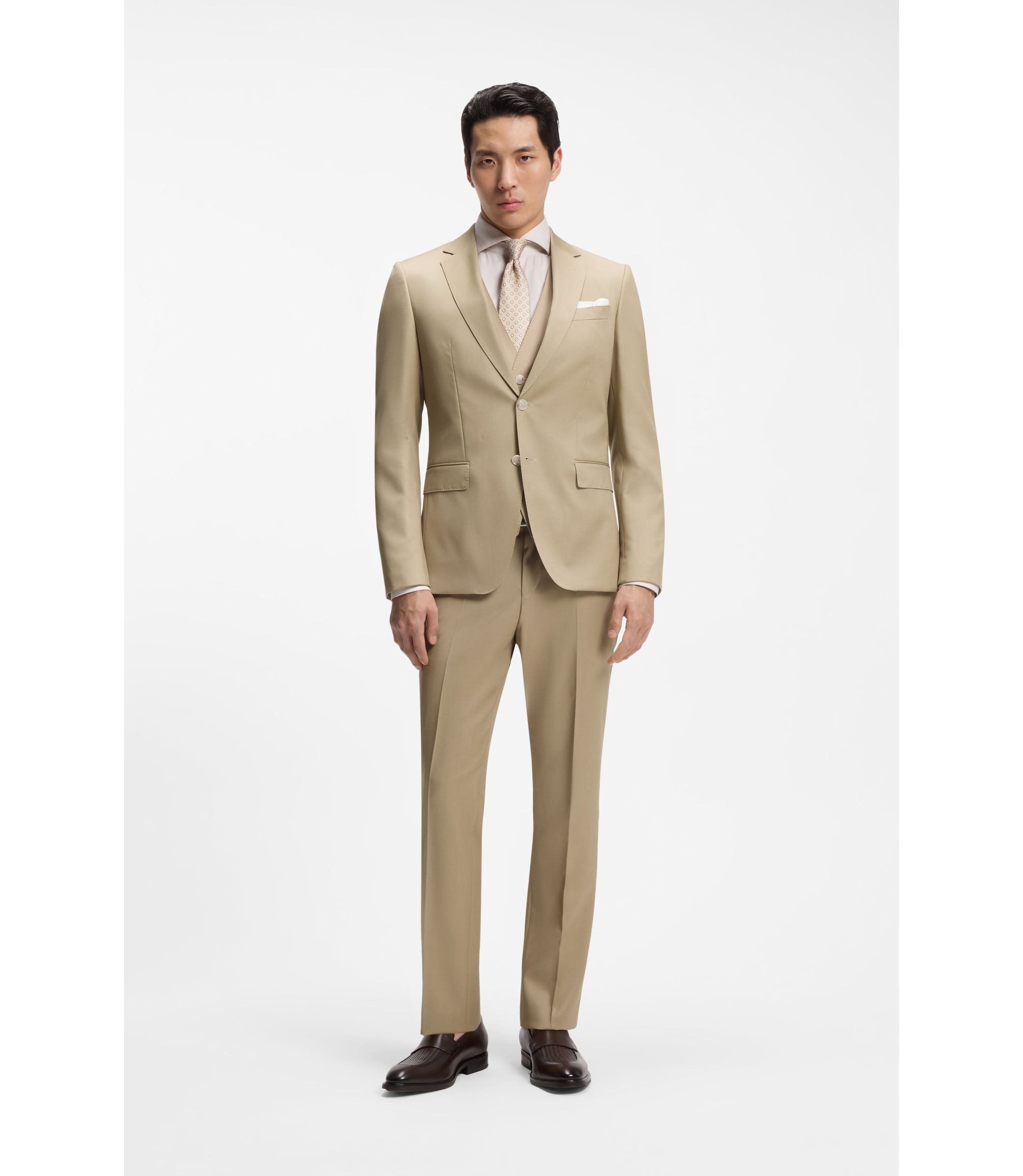 BOSS - Three-piece slim-fit suit in virgin-wool serge - Light Beige