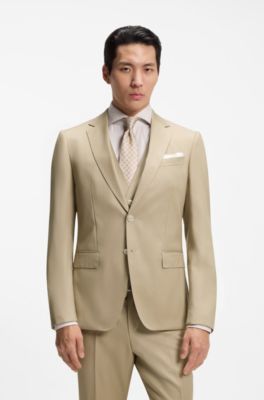 Traje slim fit con chaleco en sarga de lana virgen, Beige claro
