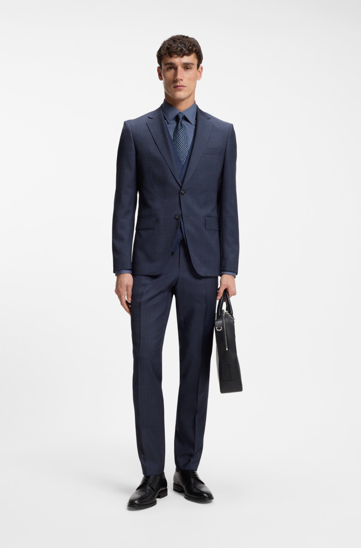 BOSS three-piece slim-fit suit in virgin-wool serge, light blue