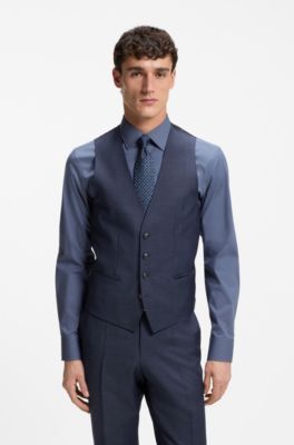 Traje slim fit con chaleco en sarga de lana virgen, Celeste