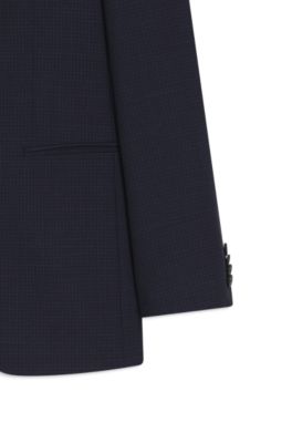 Costume deux pi&egrave;ces Slim Fit en laine vierge &agrave; carreaux, Bleu fonc&eacute;