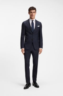 Costume deux pi&egrave;ces Slim Fit en laine vierge &agrave; carreaux, Bleu fonc&eacute;