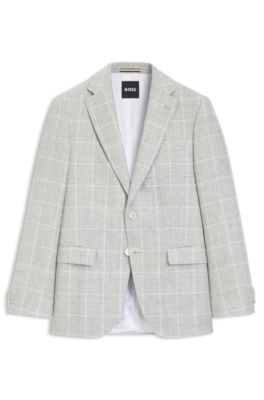 Checked slim-fit jacket in linen and virgin wool, Light Grey