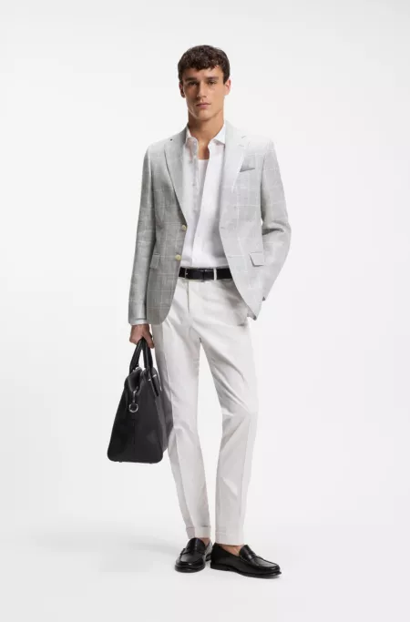 Checked slim-fit jacket in linen and virgin wool