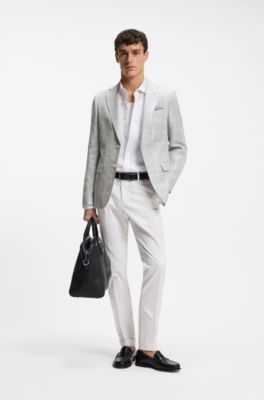 Checked slim-fit jacket in linen and virgin wool, Light Grey