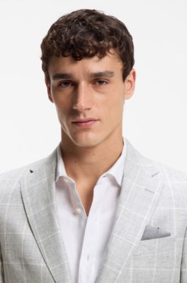 Checked slim-fit jacket in linen and virgin wool, Light Grey