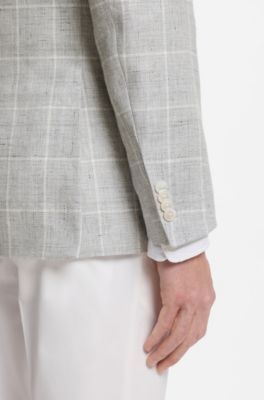 Checked slim-fit jacket in linen and virgin wool, Light Grey