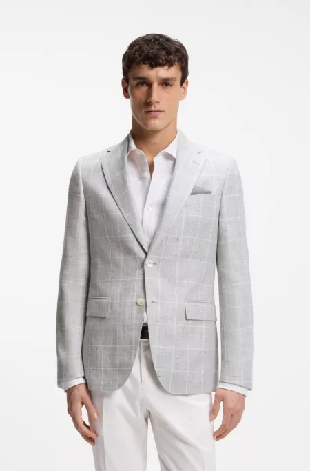 Checked slim-fit jacket in linen and virgin wool