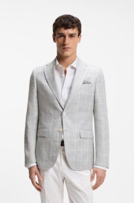 Checked slim-fit jacket in linen and virgin wool, Light Grey
