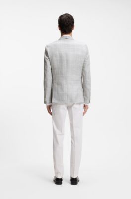 Checked slim-fit jacket in linen and virgin wool, Light Grey