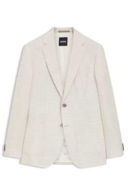 Slim-fit blazer in checked linen, cotton and silk, Light Beige
