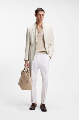 Veste Slim en lin &agrave; carreaux, coton et soie, Beige clair