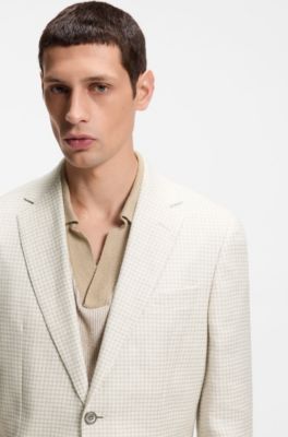 Slim-fit blazer in checked linen, cotton and silk, Light Beige