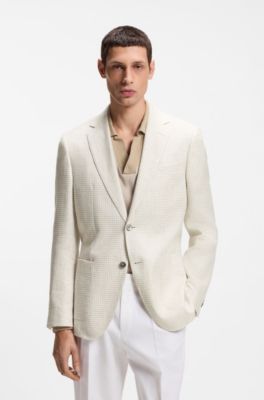 Slim-fit blazer in checked linen, cotton and silk, Light Beige