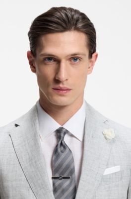 Slim-fit jacket in patterned linen, Light Grey