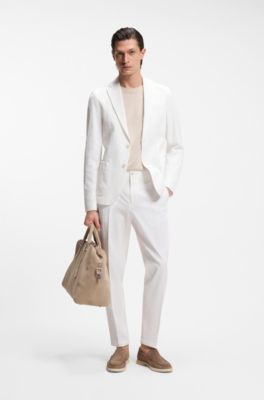 Tapered-fit trousers in stretch-cotton seersucker, White