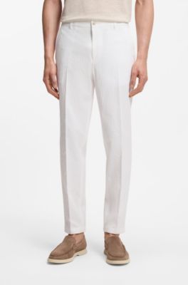 Tapered-fit trousers in stretch-cotton seersucker, White