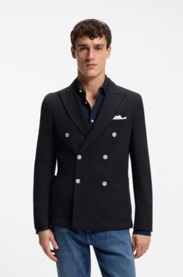 Blazer Slim en coton m&eacute;lang&eacute; &agrave; motif, Bleu fonc&eacute;
