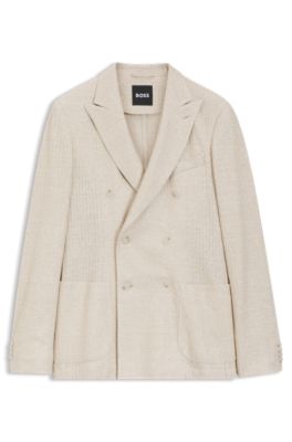 Slim-fit blazer in striped linen and cotton, Light Beige