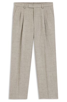 Pantalones oversize fit en tejido con lino con microestampado, Beige claro