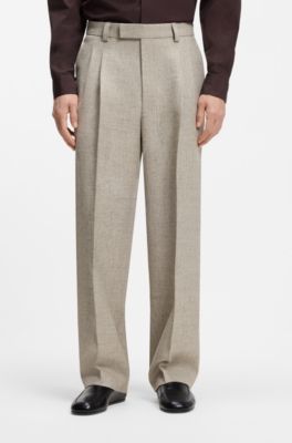 Pantalones oversize fit en tejido con lino con microestampado, Beige claro