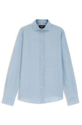 Camisa regular fit en algod&oacute;n y lino italianos, Celeste