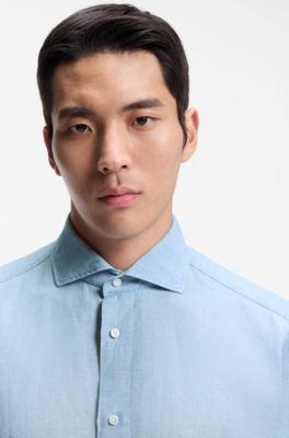 Camisa regular fit en algod&oacute;n y lino italianos, Celeste