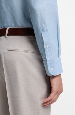 Camisa regular fit en algod&oacute;n y lino italianos, Celeste