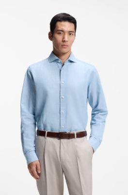 Camisa regular fit en algod&oacute;n y lino italianos, Celeste