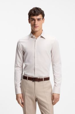 Slim-fit shirt in Italian-made structured cotton, Beige