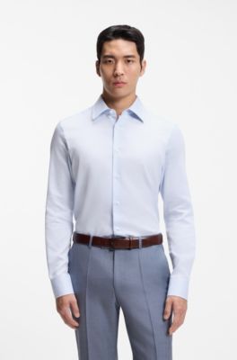 Slim-fit shirt in Italian-made structured cotton, Light Blue