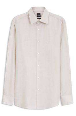 Camisa slim fit en sarga de lino, Beige claro