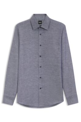 Camisa slim fit en sarga de lino, Azul oscuro