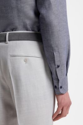 Camisa slim fit en sarga de lino, Azul oscuro