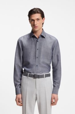 Chemise Slim Fit en twill de lin m&eacute;lang&eacute;, Bleu fonc&eacute;