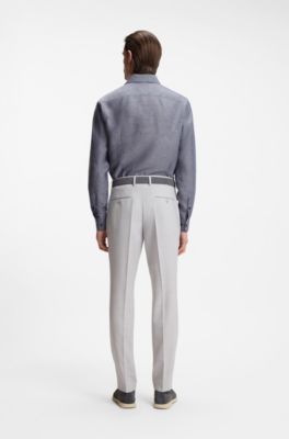 Camisa slim fit en sarga de lino, Azul oscuro