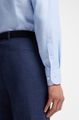 Camisa slim fit en sarga de lino, Celeste