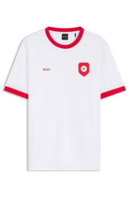 Camiseta de algod&oacute;n el&aacute;stico con bandera nacional y logo, Canada White