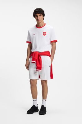 Camiseta de algod&oacute;n el&aacute;stico con bandera nacional y logo, Canada White