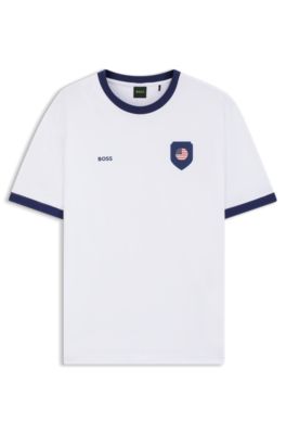 Camiseta de algod&oacute;n el&aacute;stico con bandera nacional y logo, USA White