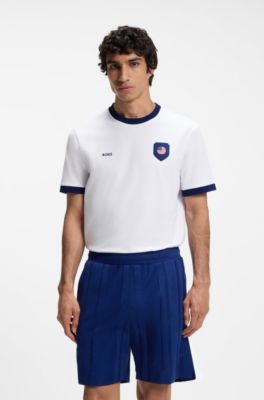 Camiseta de algod&oacute;n el&aacute;stico con bandera nacional y logo, USA White