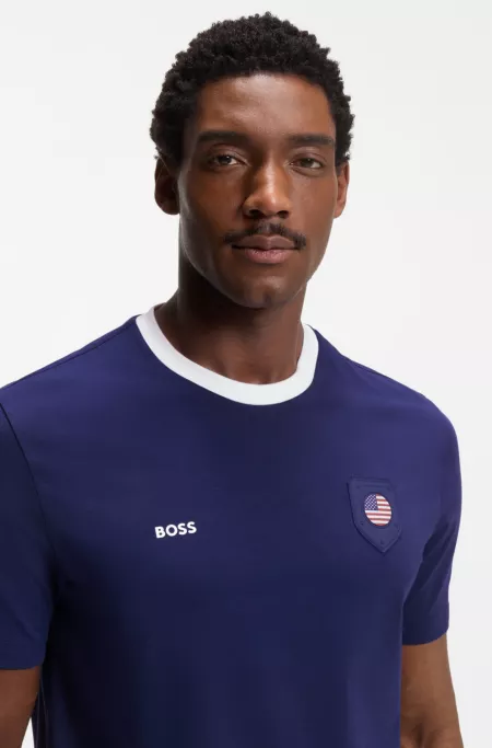 Stretch-cotton T-shirt with country flag and logo