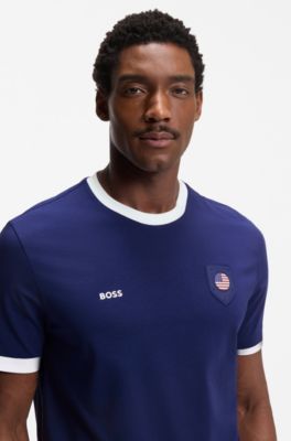 Stretch-cotton T-shirt with country flag and logo, USA Blue