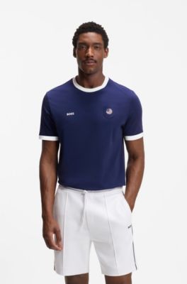 Camiseta de algod&oacute;n el&aacute;stico con bandera nacional y logo, USA Blue