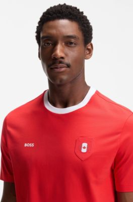 Camiseta de algod&oacute;n el&aacute;stico con bandera nacional y logo, Canada Red
