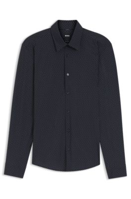 Camisa regular fit en punto t&eacute;cnico el&aacute;stico estampado, Azul oscuro